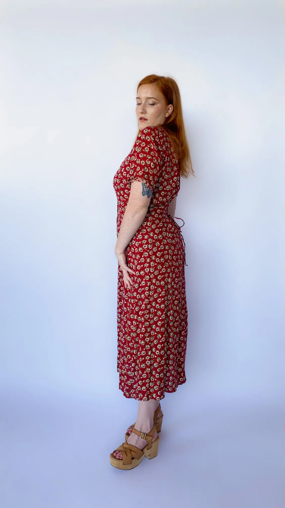 1990s Burgundy Floral Maxi Dress, sz. M-XL