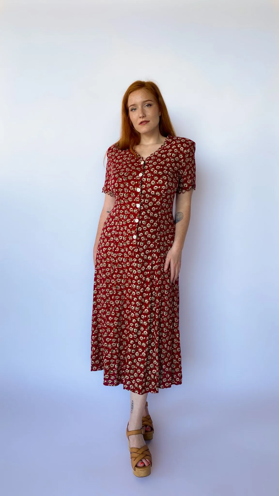 1990s Burgundy Floral Maxi Dress, sz. M-XL