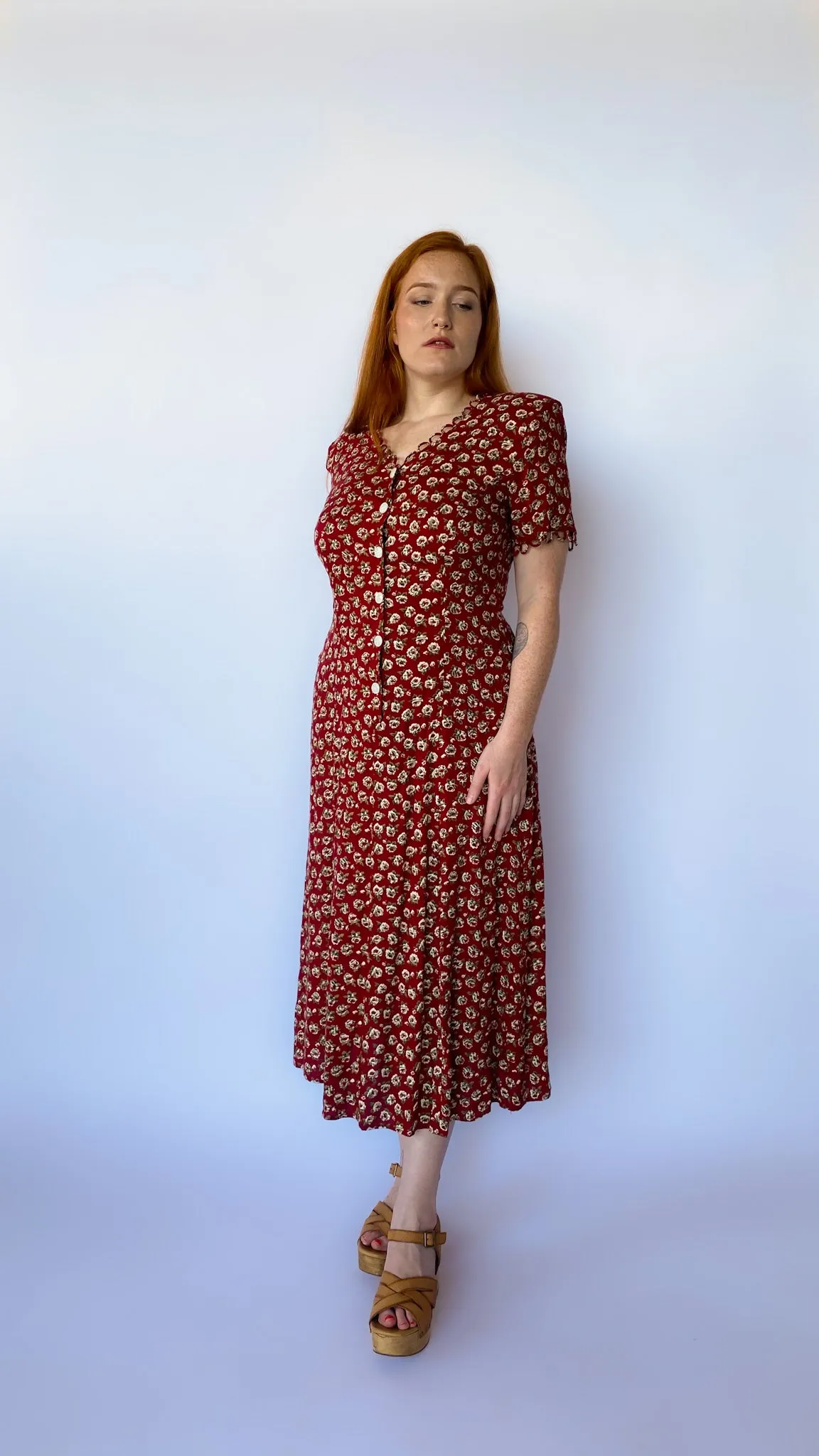 1990s Burgundy Floral Maxi Dress, sz. M-XL