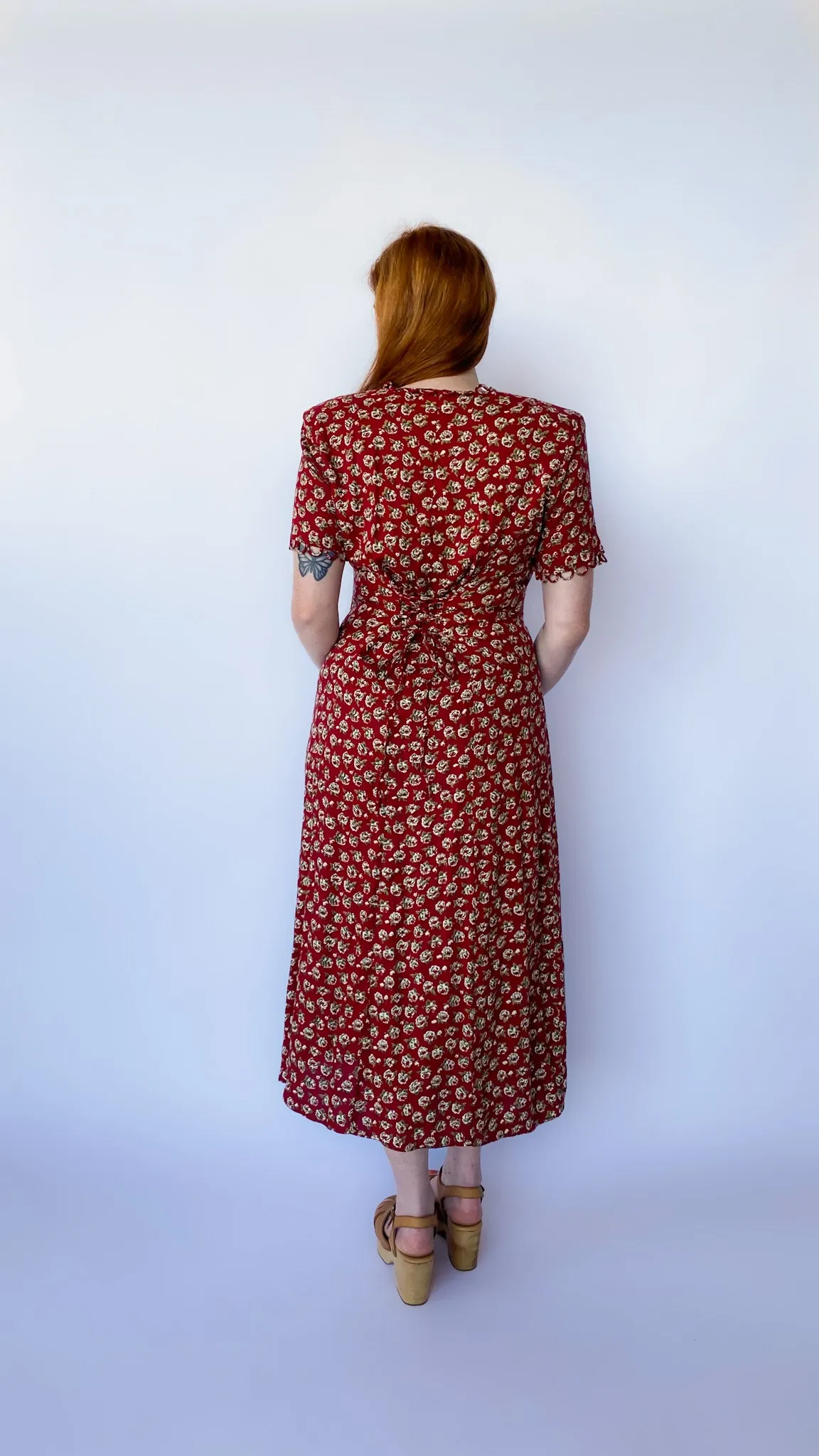 1990s Burgundy Floral Maxi Dress, sz. M-XL