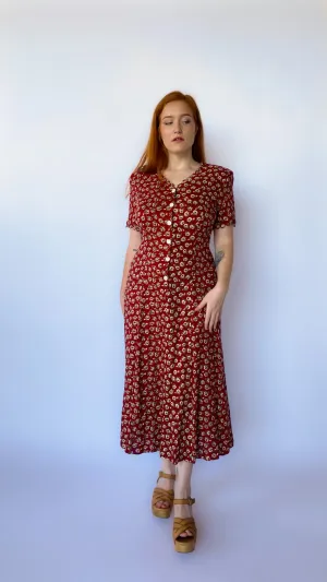 1990s Burgundy Floral Maxi Dress, sz. M-XL