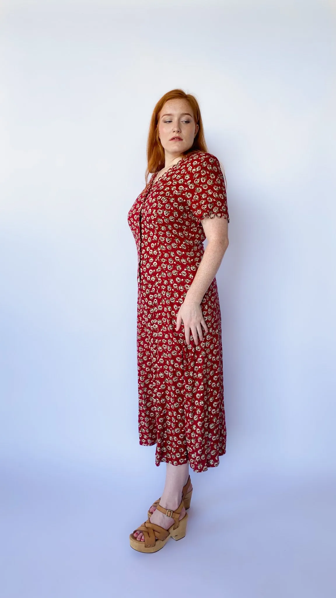 1990s Burgundy Floral Maxi Dress, sz. M-XL