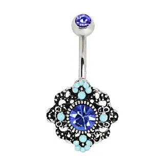 316L Stainless Steel Ornate Blue Flower Navel Ring