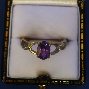 9ct Gold Amethyst and Diamond Ring Size M