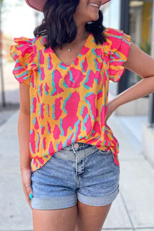 Abstract Print V Neck Ruffled Sleeve Blouse