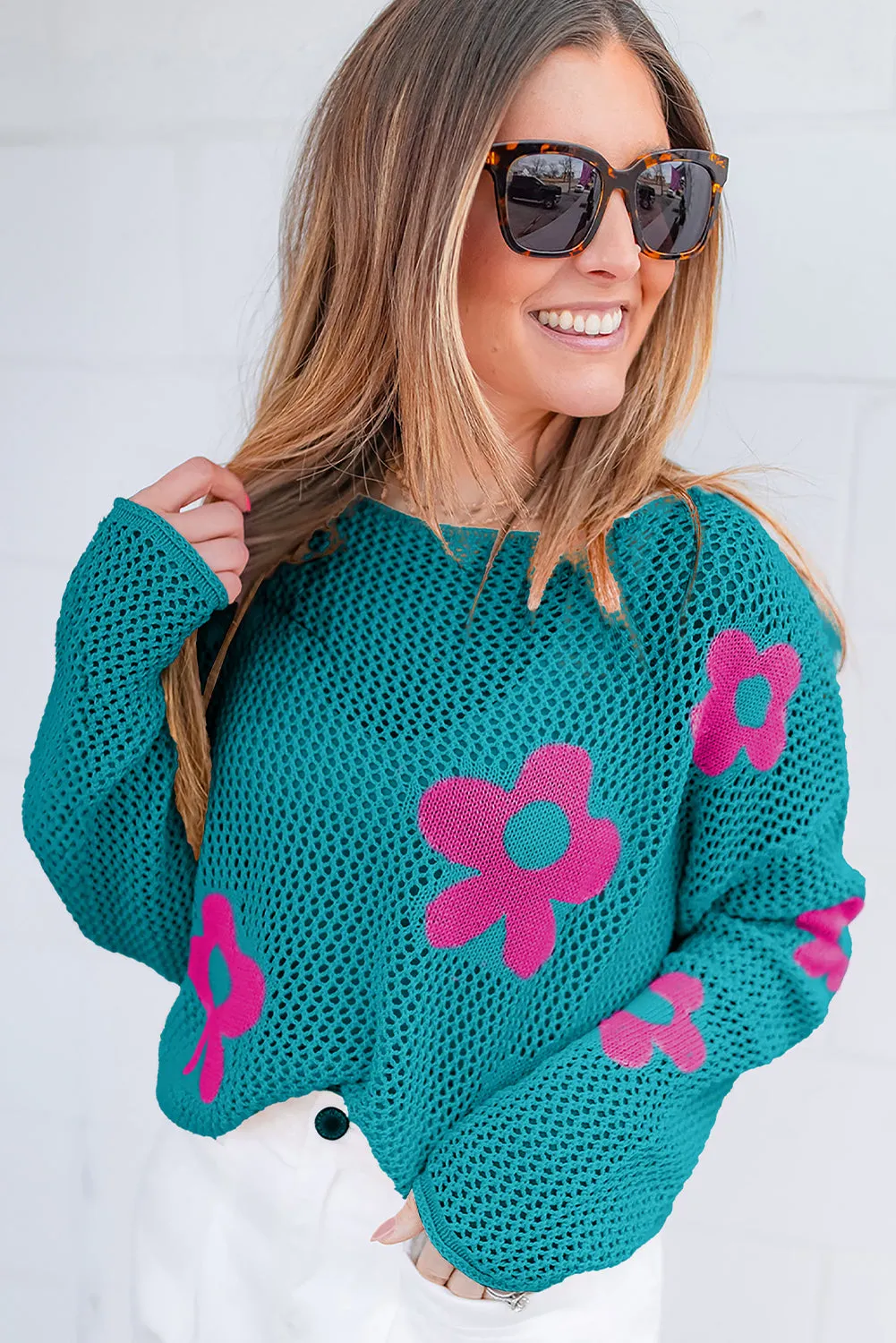 Big Flower Hollowed Knit Drop Shoulder Sweater