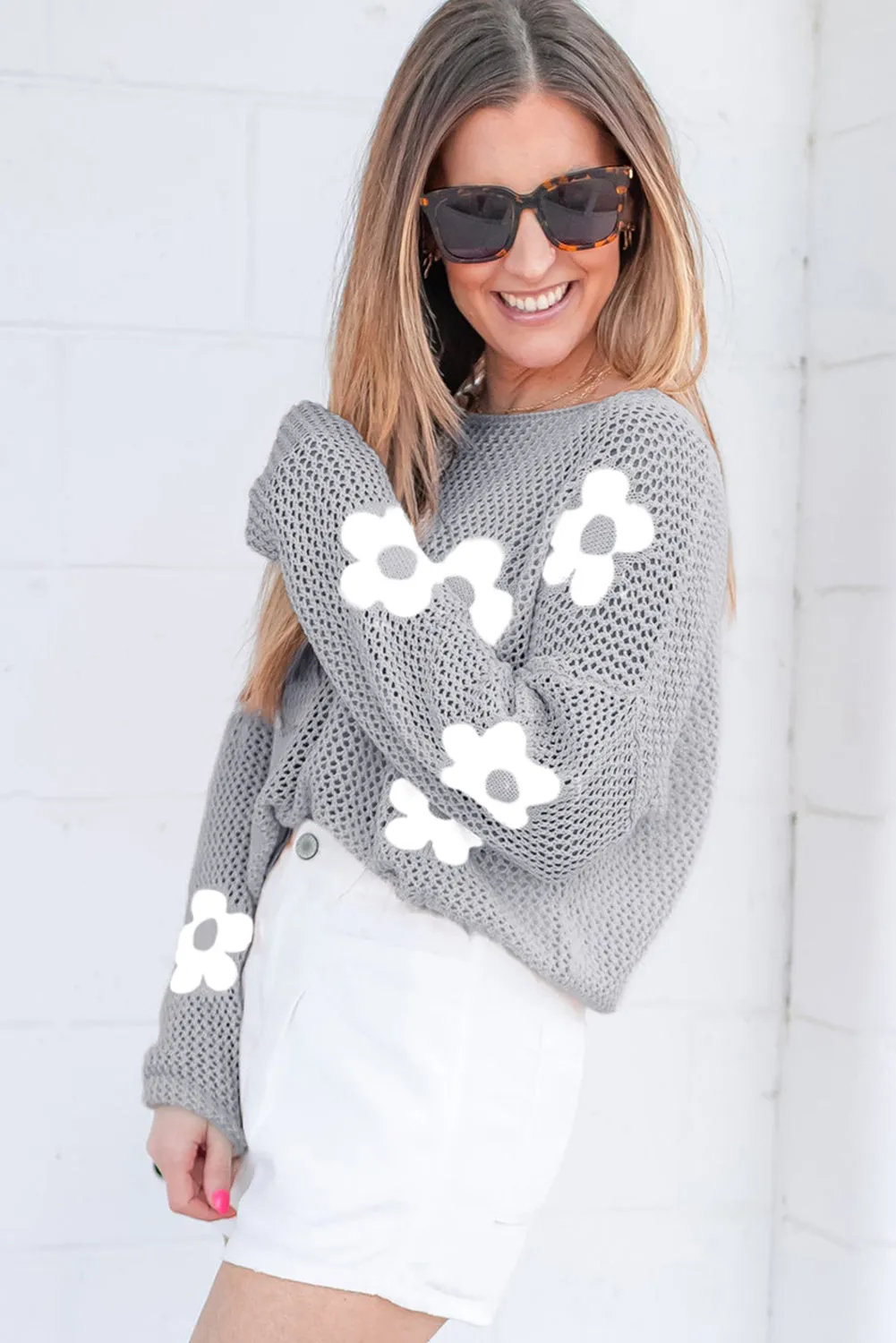 Big Flower Hollowed Knit Drop Shoulder Sweater