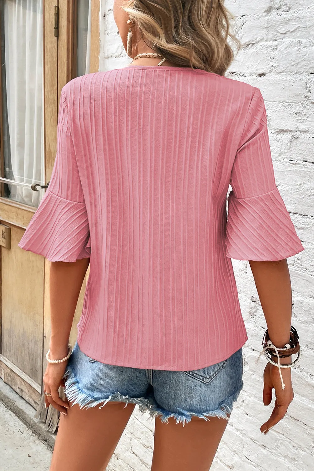 Blossom Ruffled Half Sleeve V Neck Textured Top