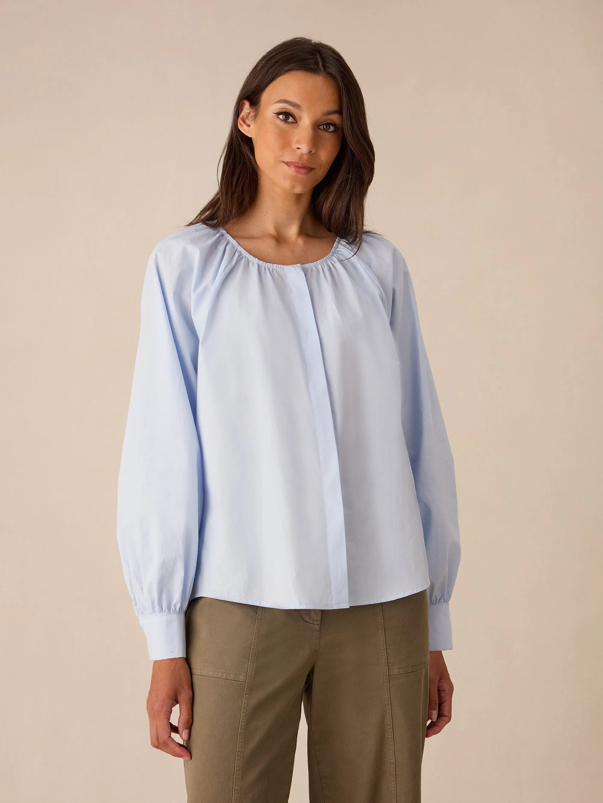 Blue Cotton Gathered Shirt