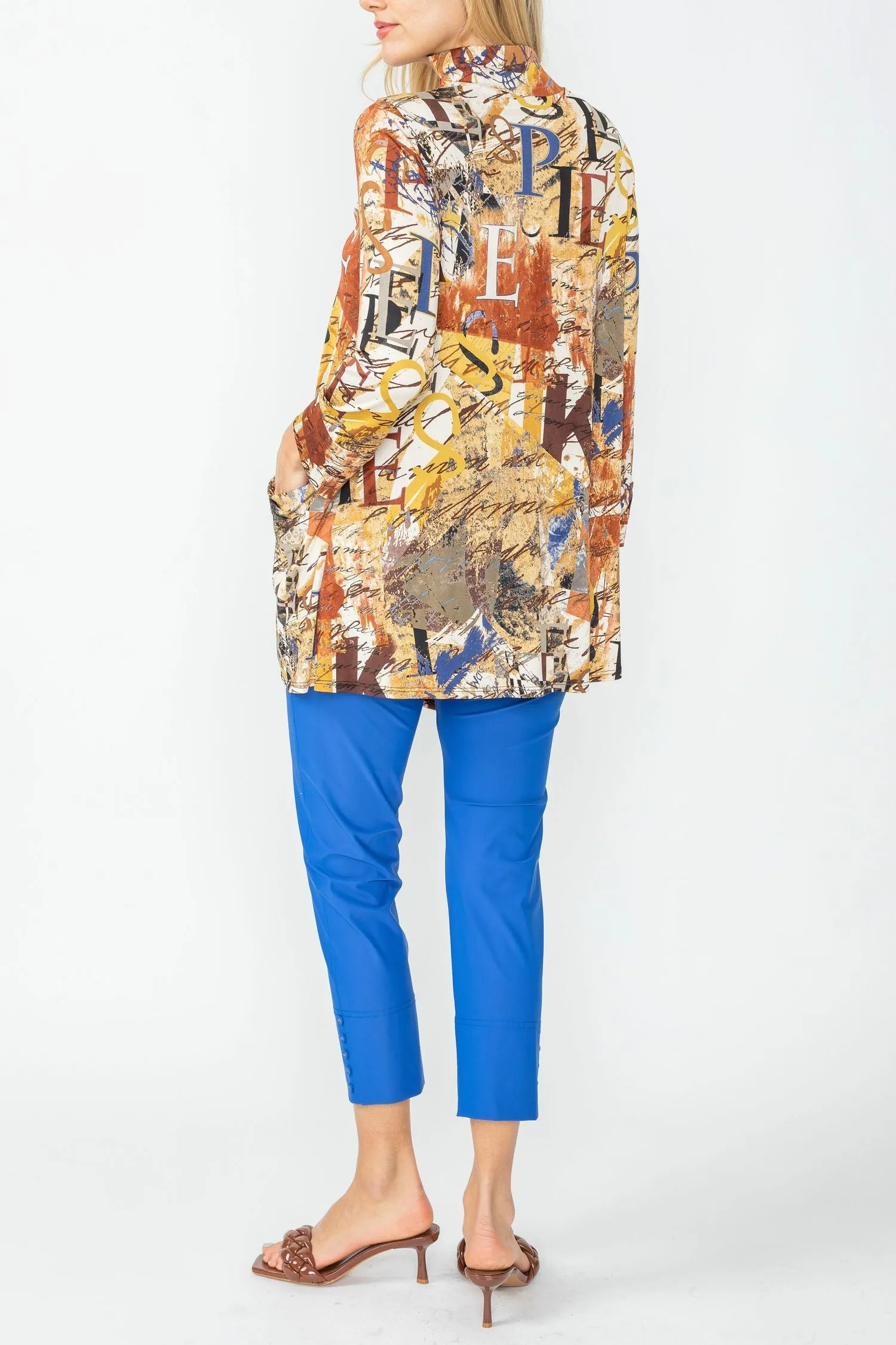 Blue Drape Pocket Hi Neck Letter Print Top