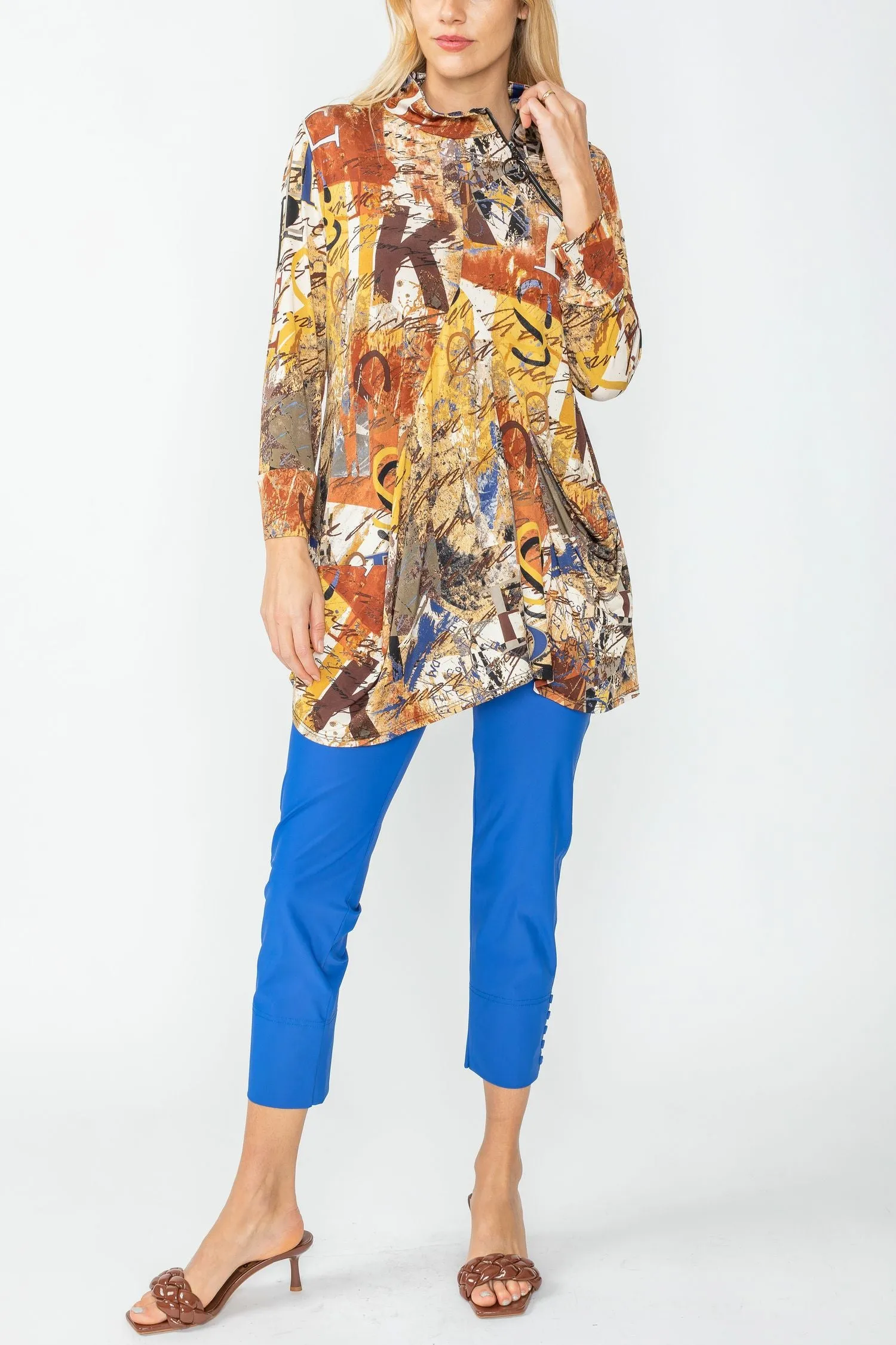 Blue Drape Pocket Hi Neck Letter Print Top