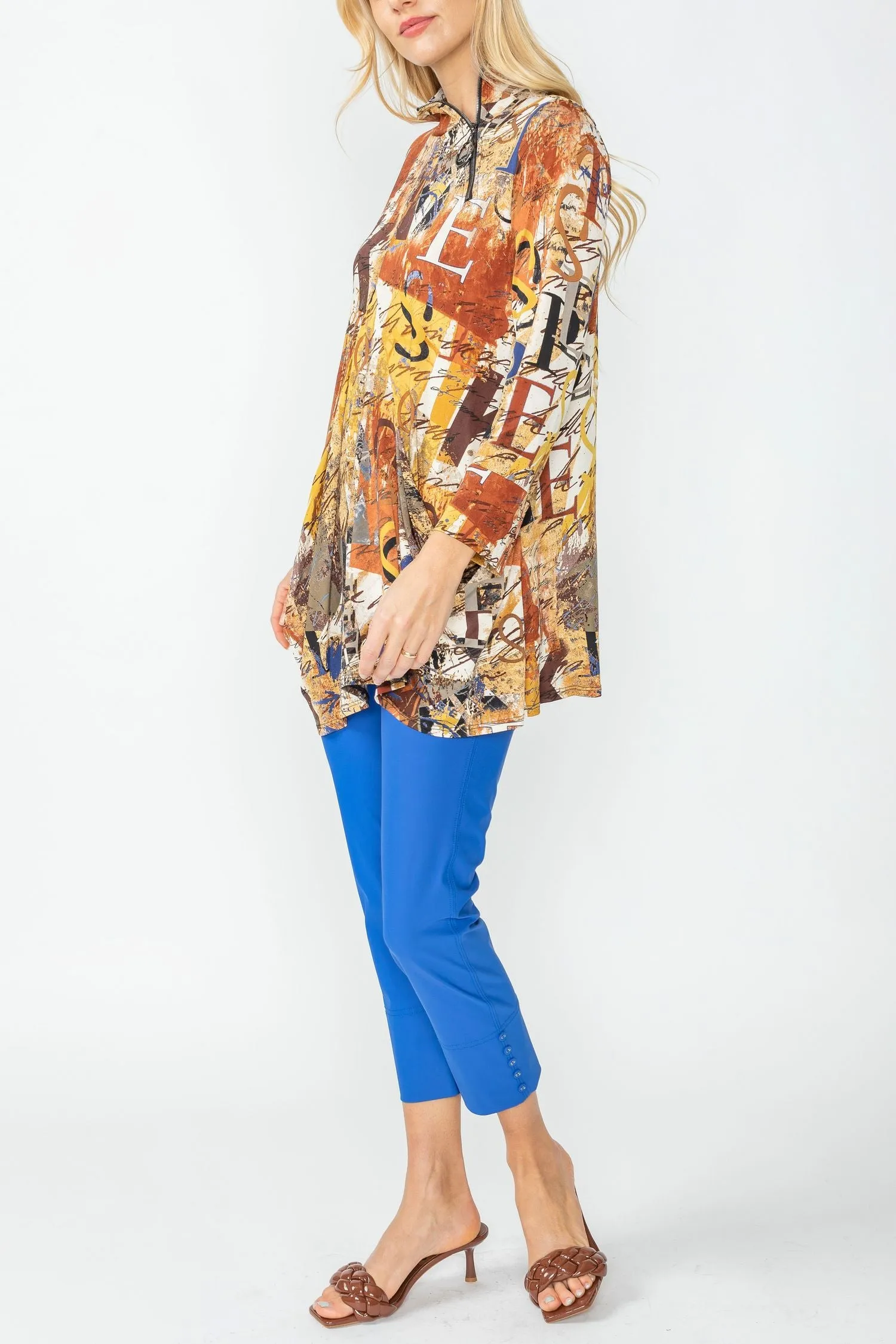 Blue Drape Pocket Hi Neck Letter Print Top