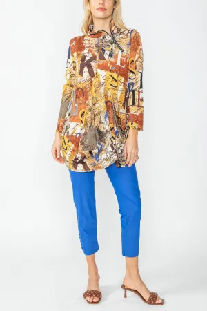 Blue Drape Pocket Hi Neck Letter Print Top