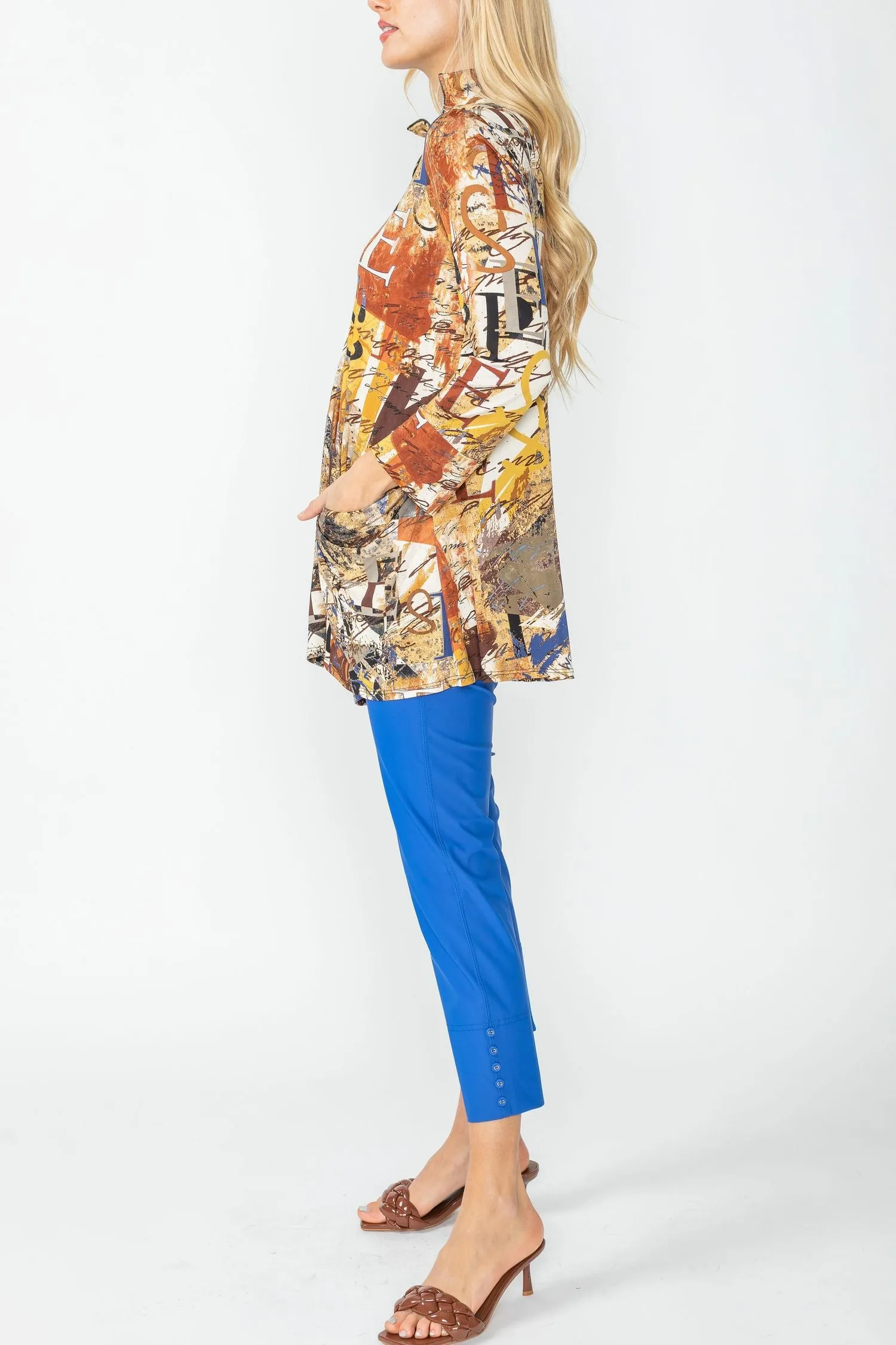 Blue Drape Pocket Hi Neck Letter Print Top