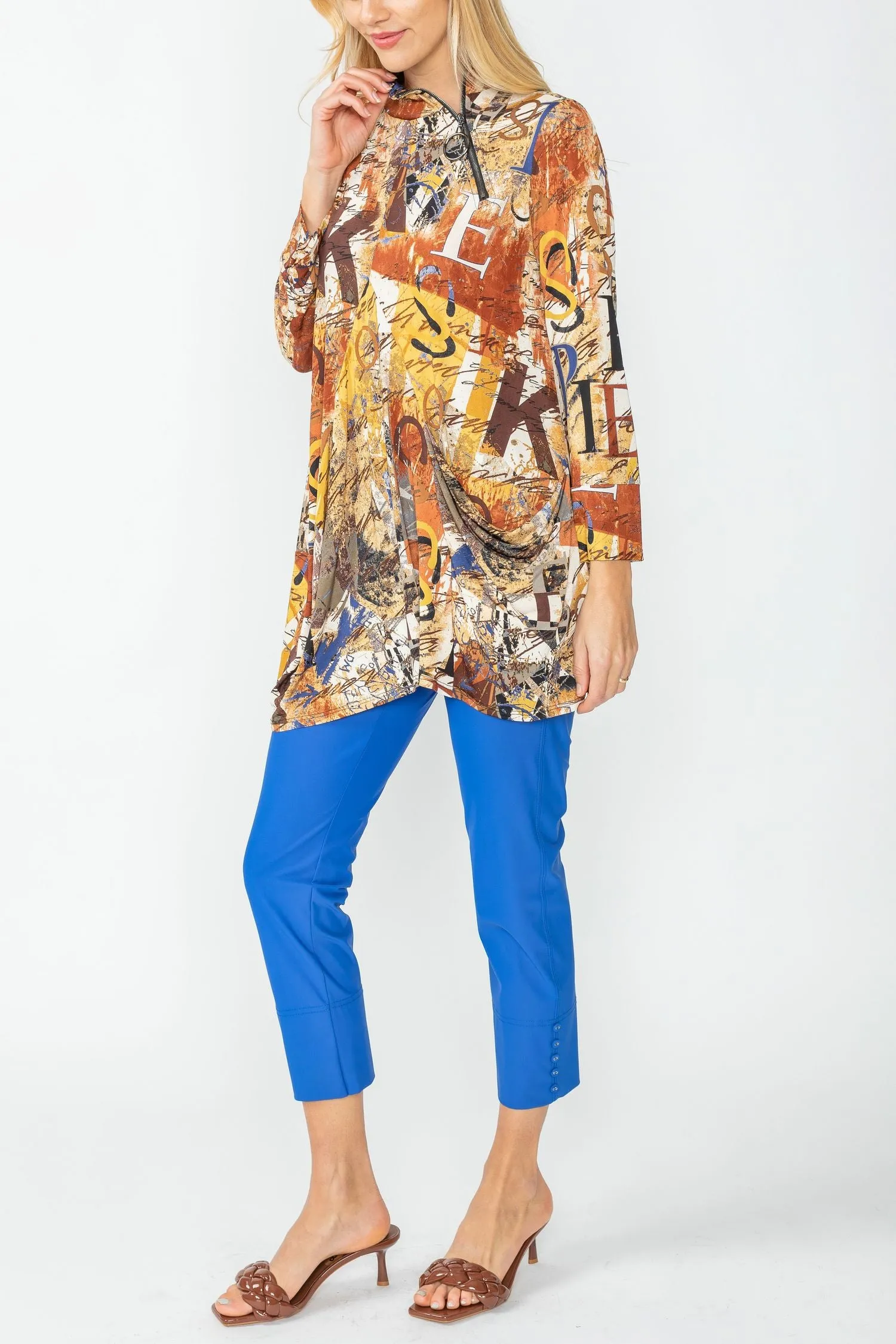 Blue Drape Pocket Hi Neck Letter Print Top