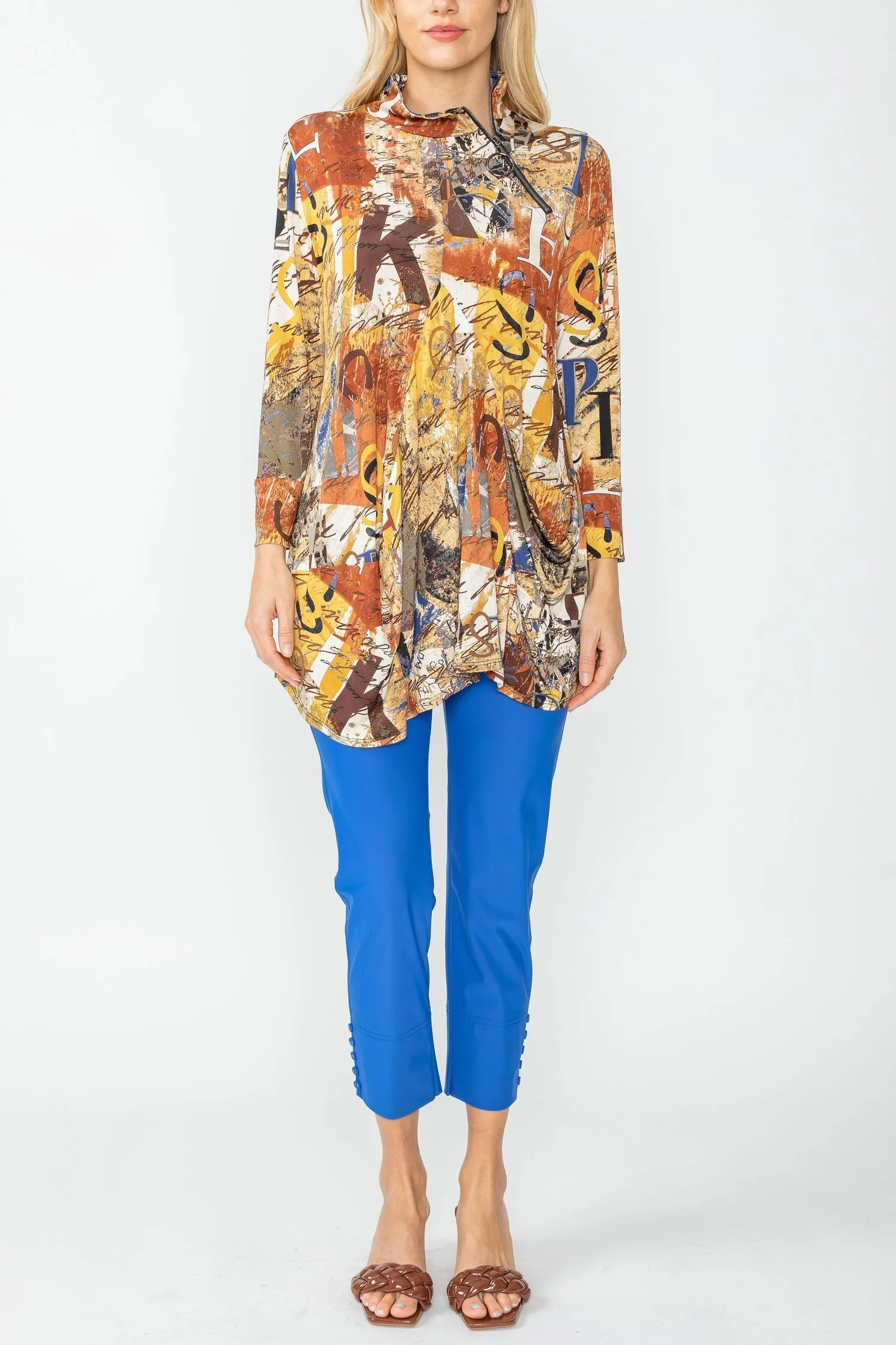 Blue Drape Pocket Hi Neck Letter Print Top