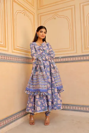 Blue flower print handblock chanderi anarkali set