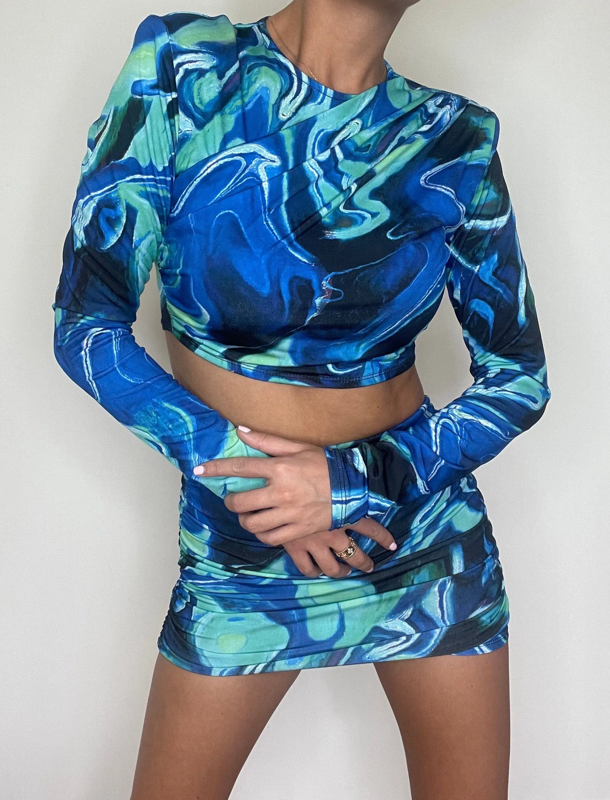 Blue Swirl Print Cross Over Crop Co-Ord