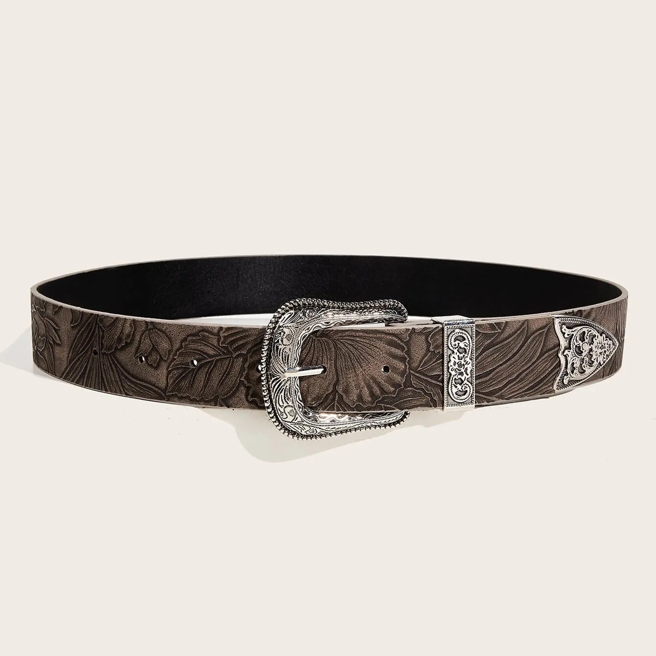 Brown Floral Belt Women's Vintage Carved Metal Buckle Belt