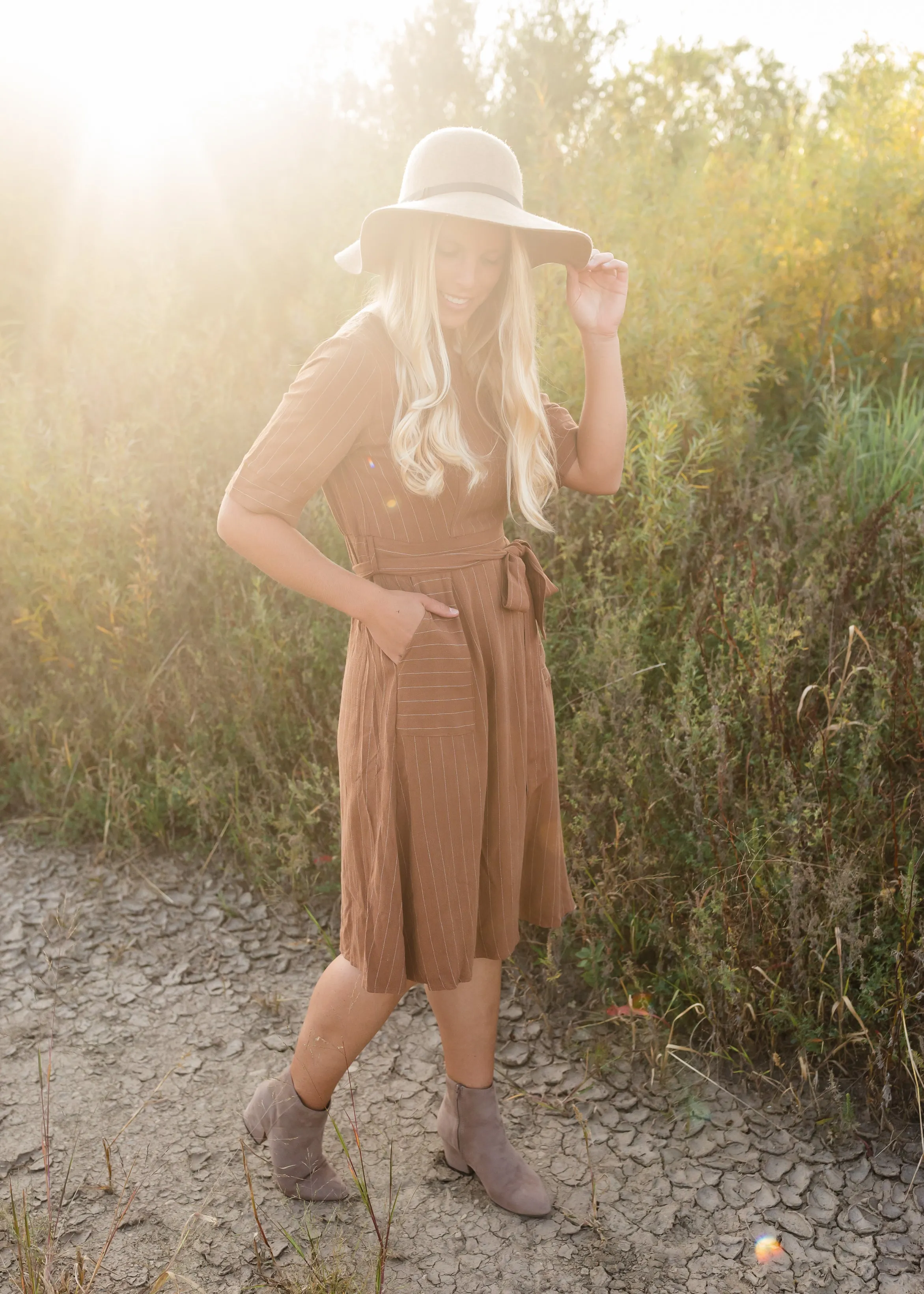 Brown Linen Striped Midi Dress - FINAL SALE