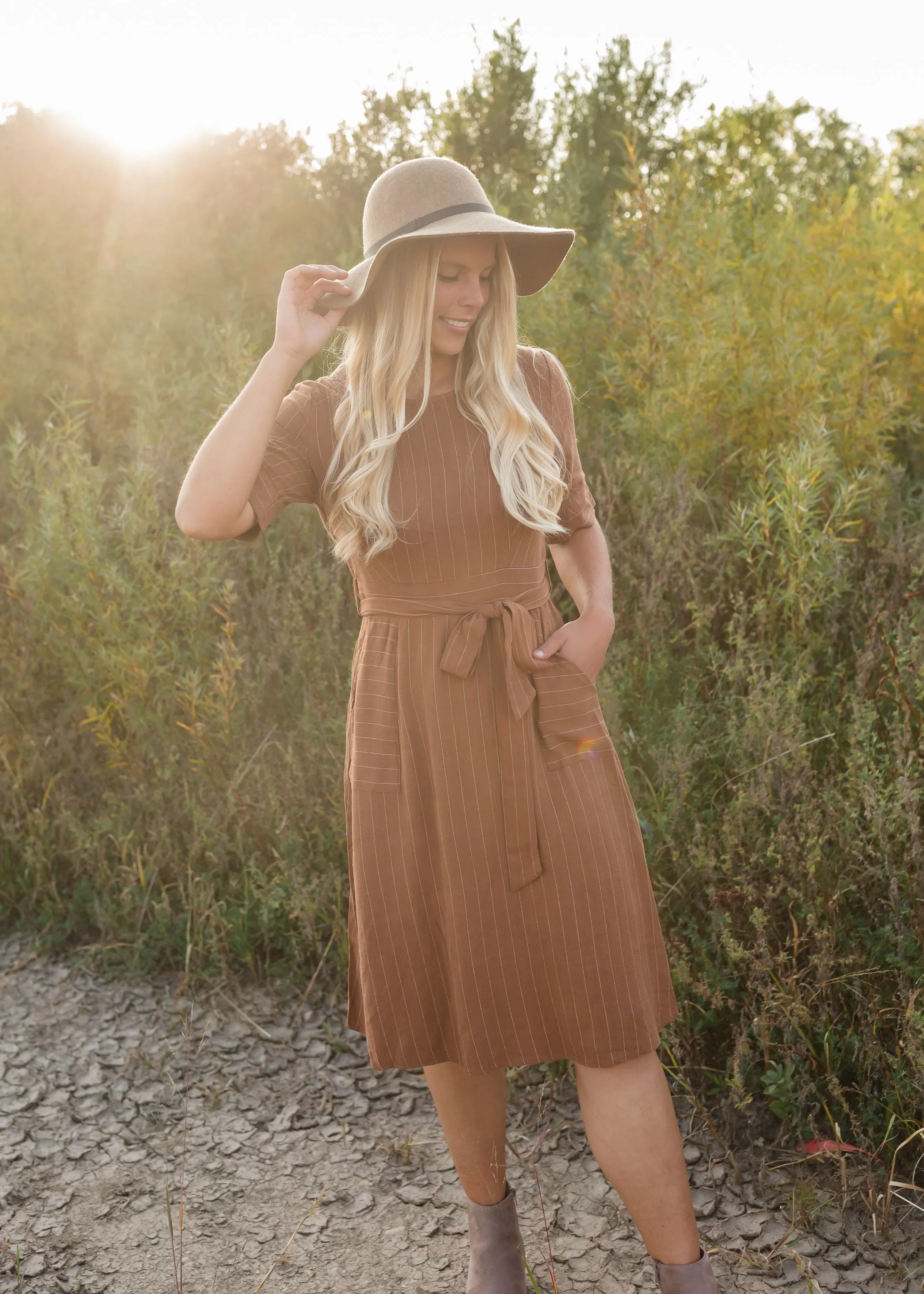 Brown Linen Striped Midi Dress - FINAL SALE