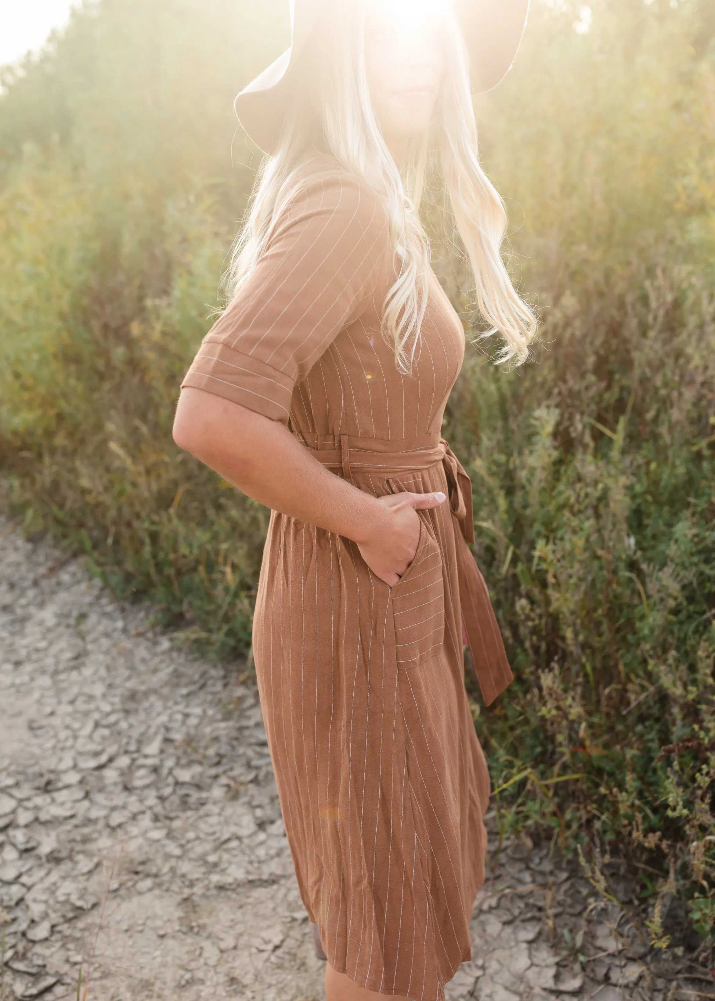 Brown Linen Striped Midi Dress - FINAL SALE