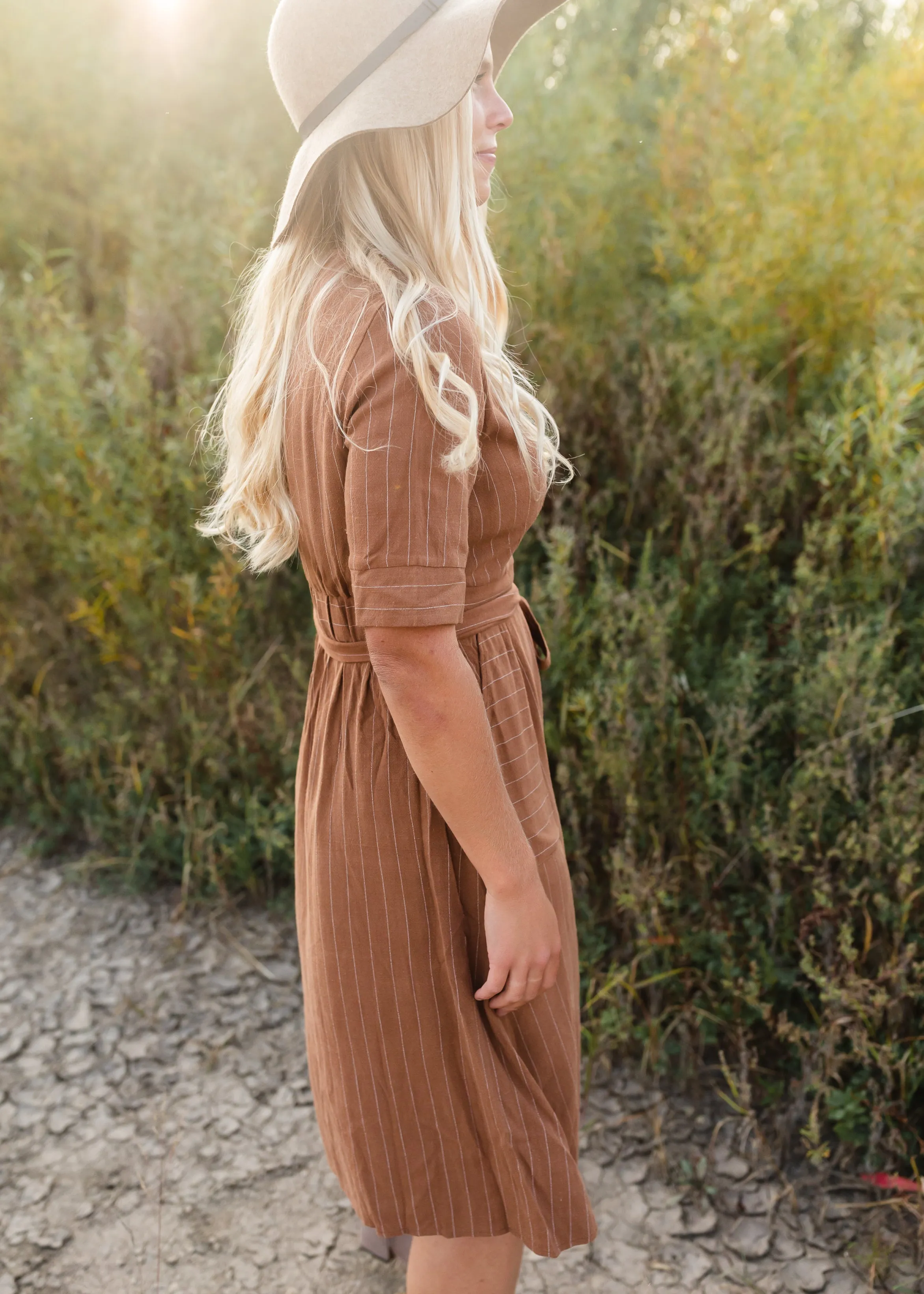 Brown Linen Striped Midi Dress - FINAL SALE