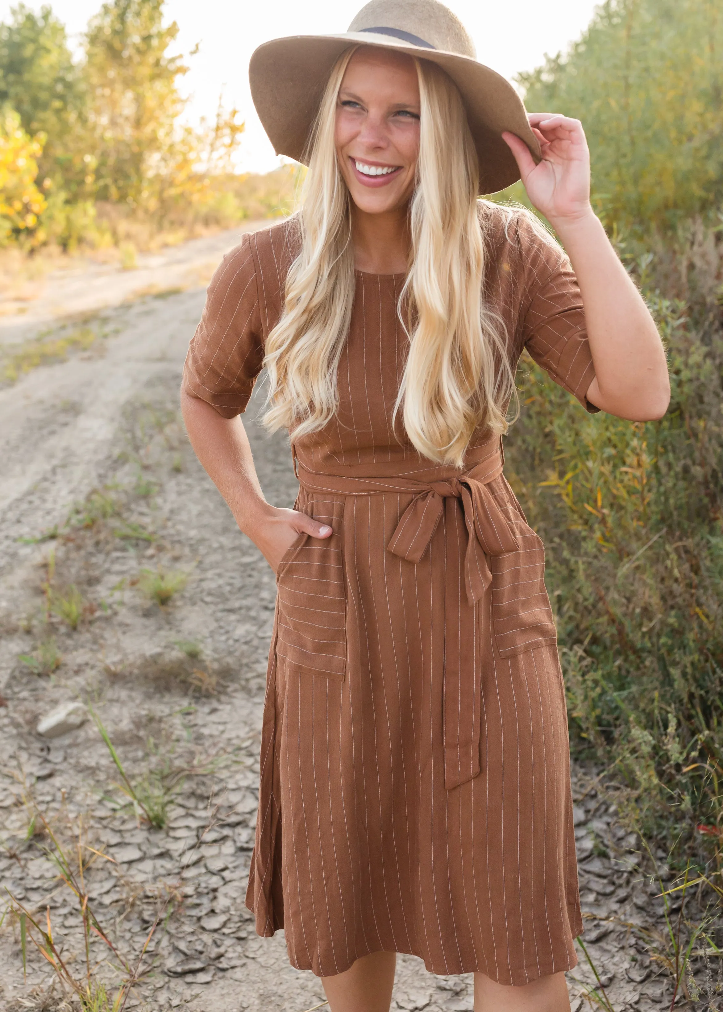 Brown Linen Striped Midi Dress - FINAL SALE