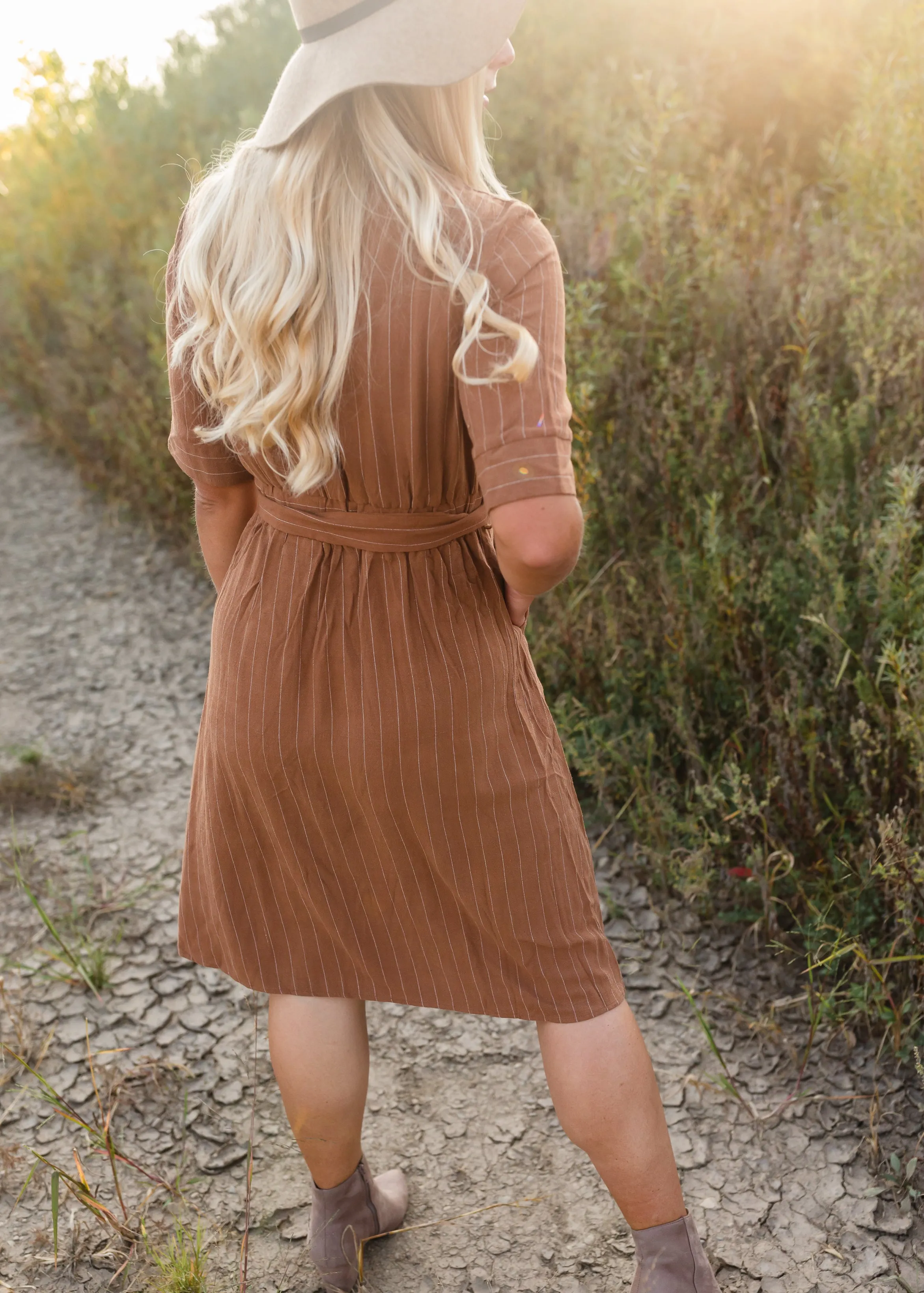 Brown Linen Striped Midi Dress - FINAL SALE