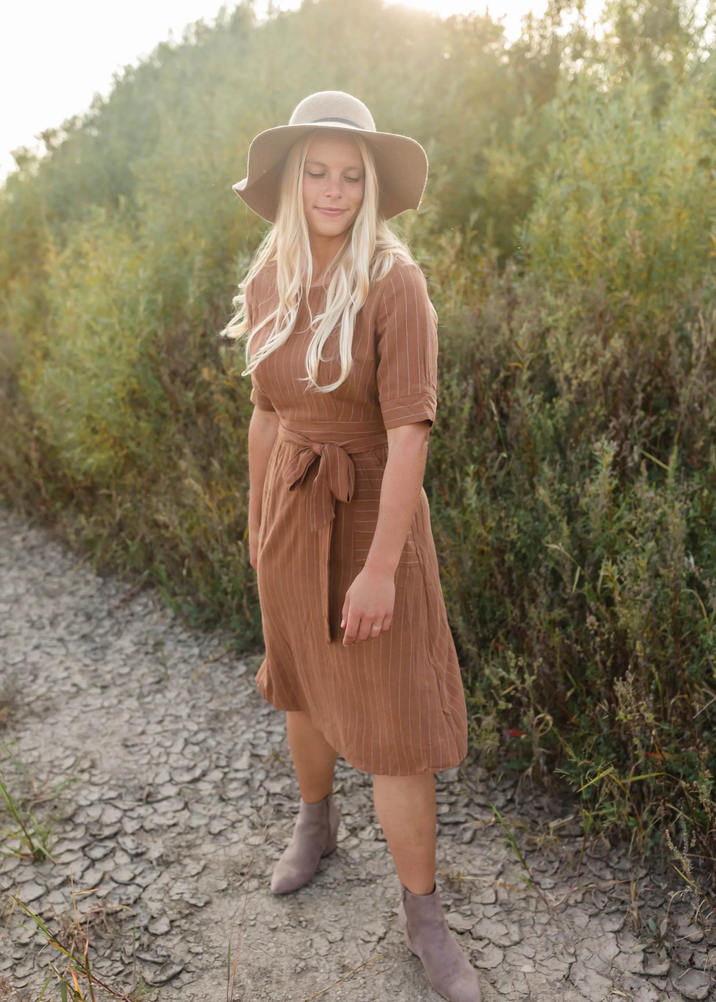 Brown Linen Striped Midi Dress - FINAL SALE