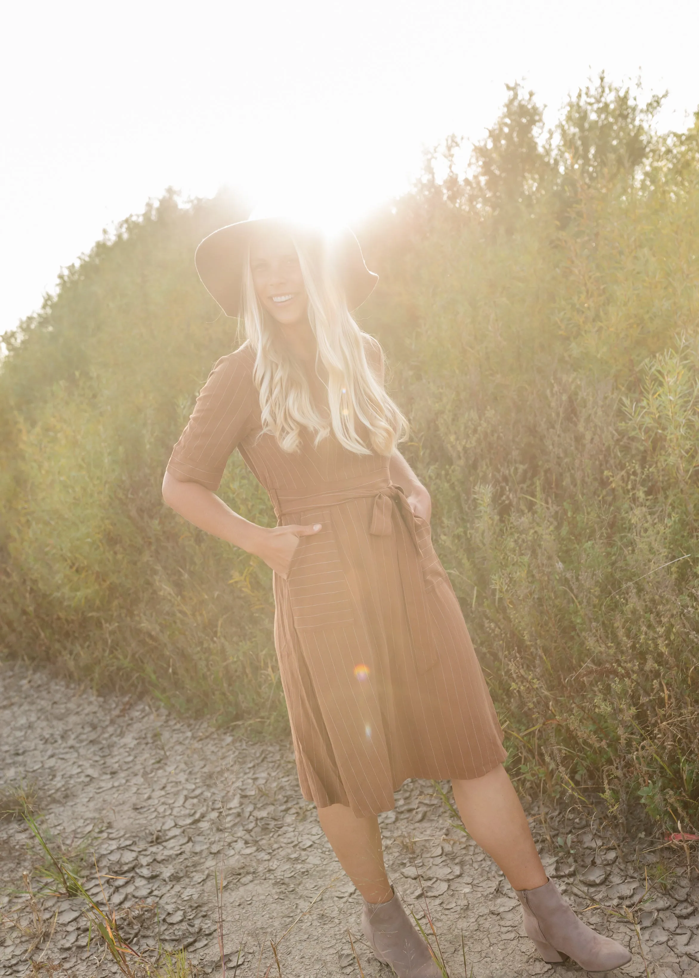 Brown Linen Striped Midi Dress - FINAL SALE