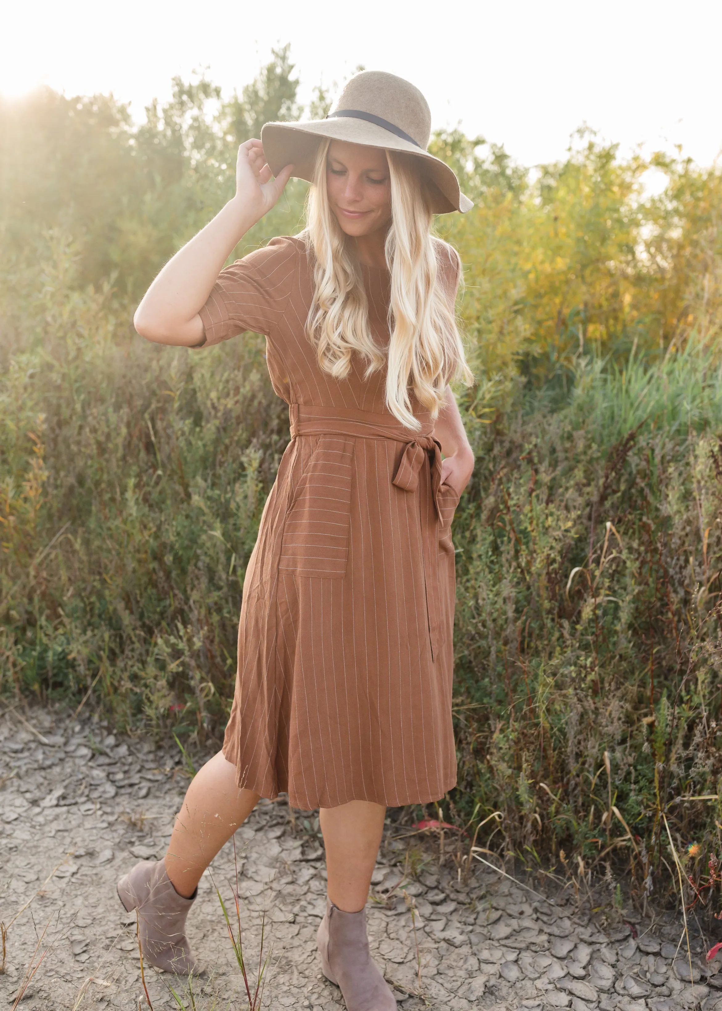 Brown Linen Striped Midi Dress - FINAL SALE