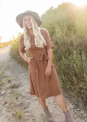 Brown Linen Striped Midi Dress - FINAL SALE