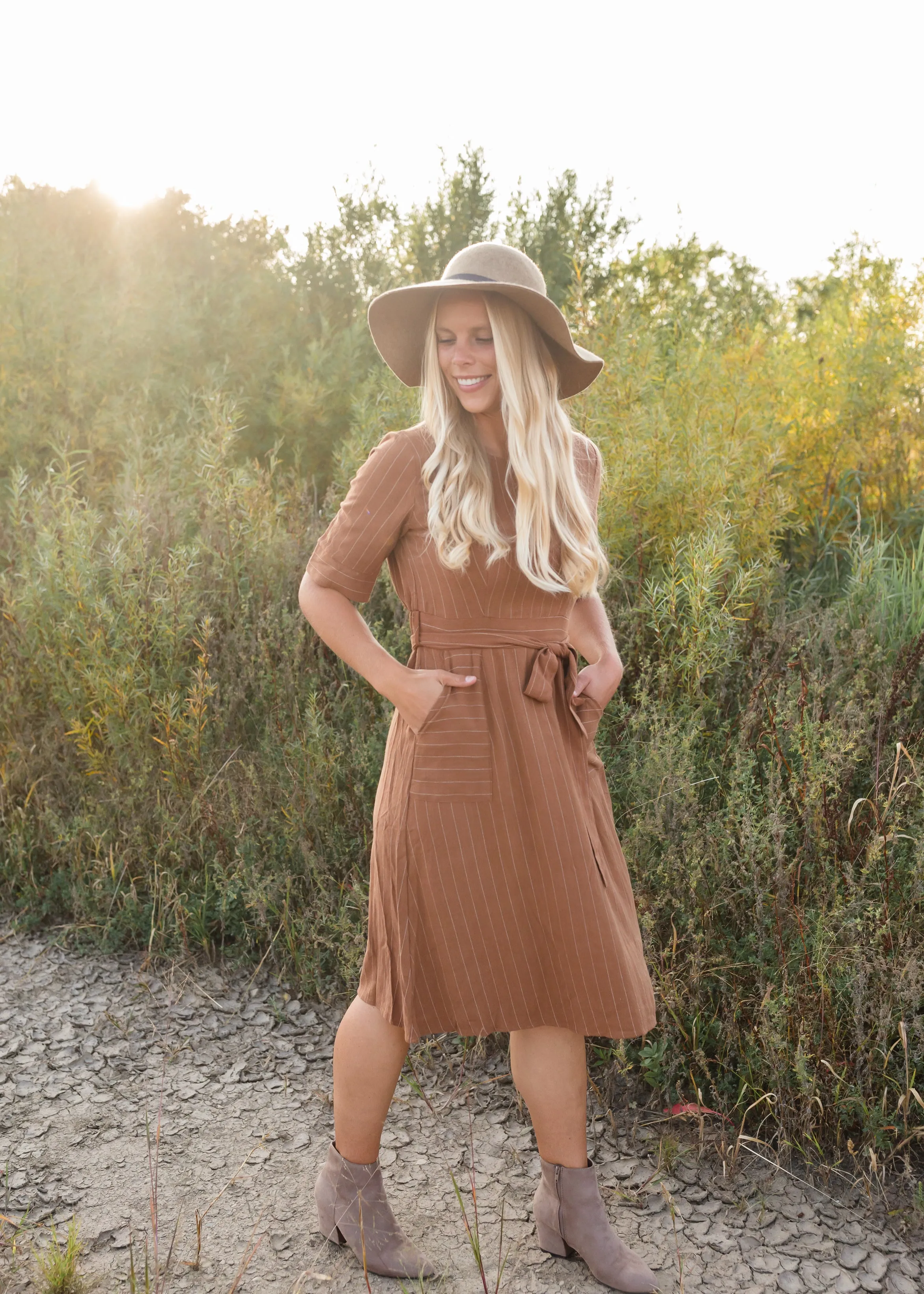 Brown Linen Striped Midi Dress - FINAL SALE