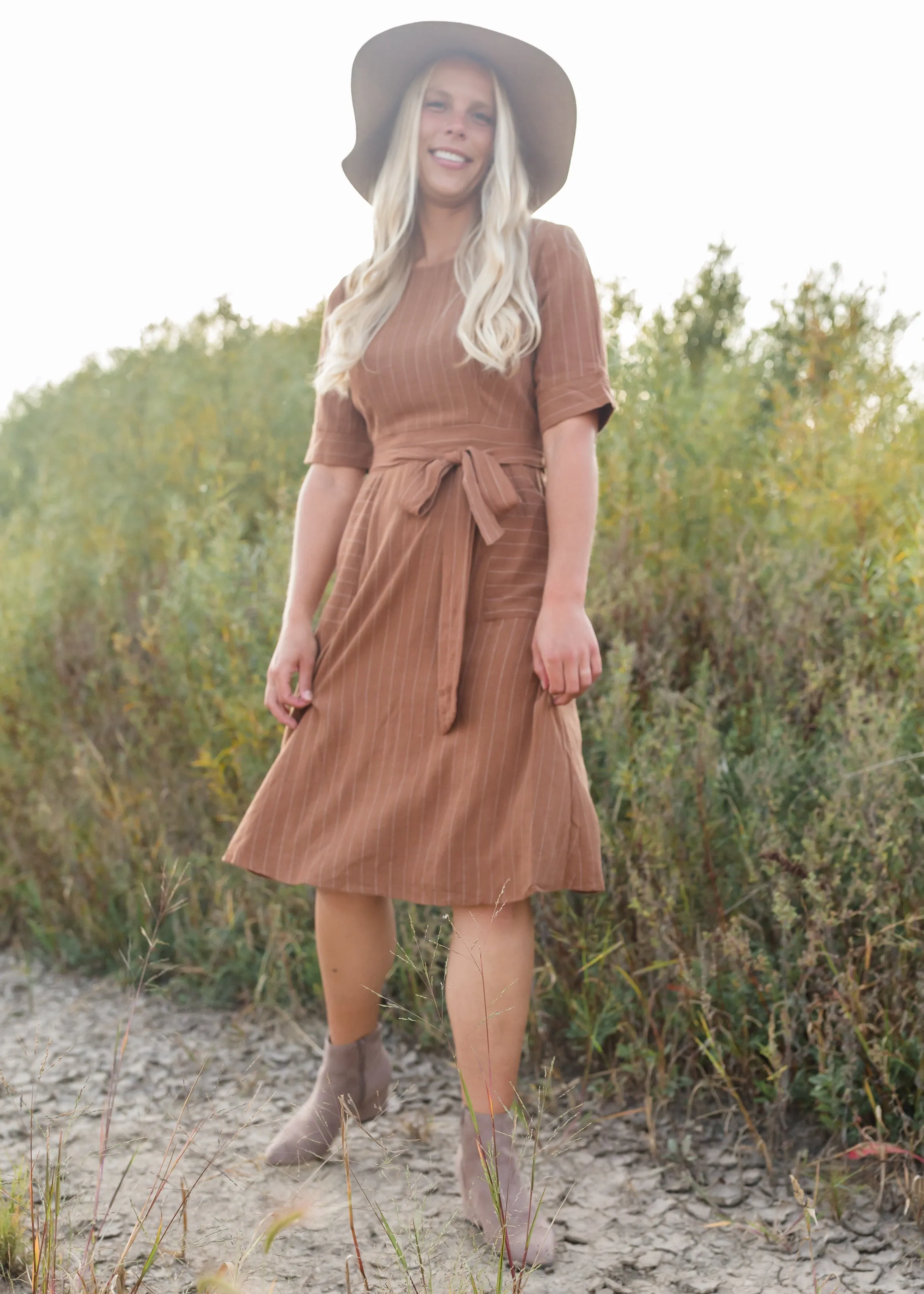 Brown Linen Striped Midi Dress - FINAL SALE