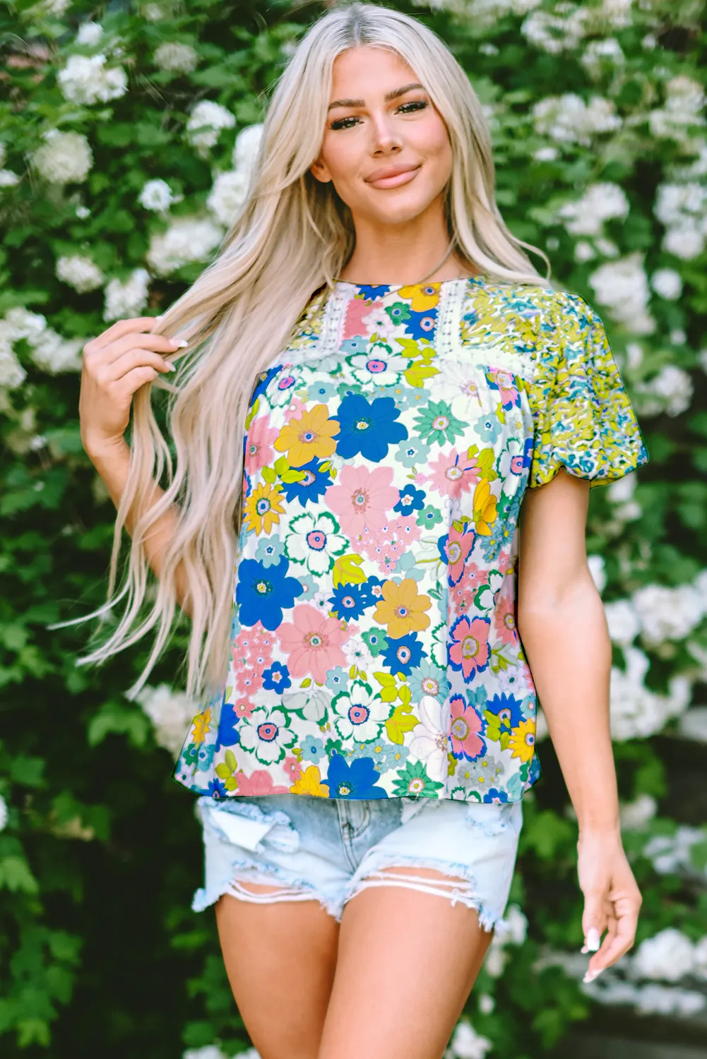 Bubble Sleeve Lace Trim Floral Mixed Print Blouse