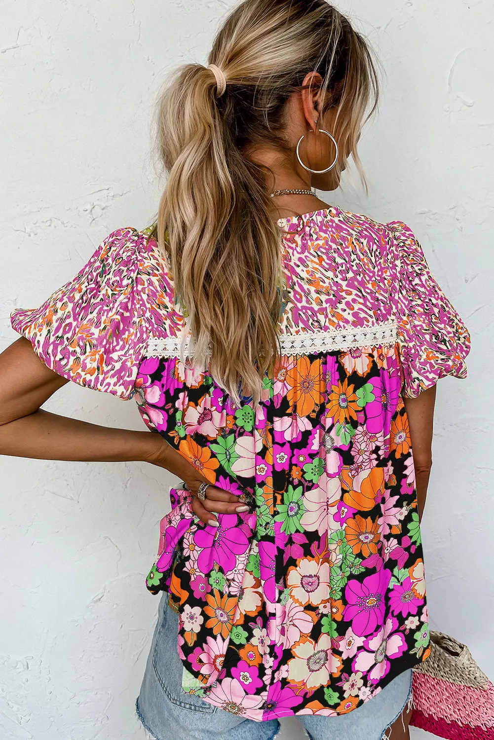 Bubble Sleeve Lace Trim Floral Mixed Print Blouse