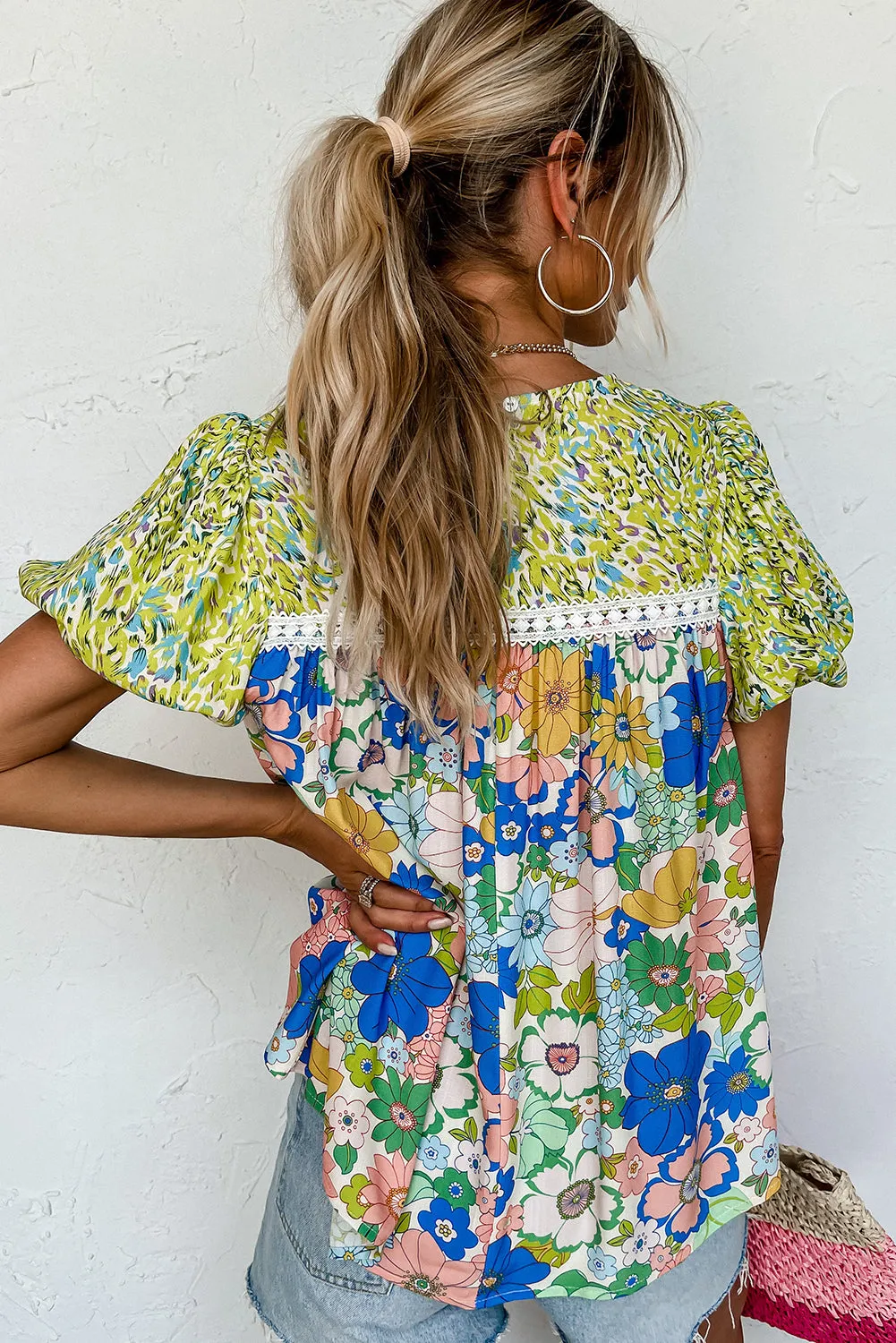 Bubble Sleeve Lace Trim Floral Mixed Print Blouse