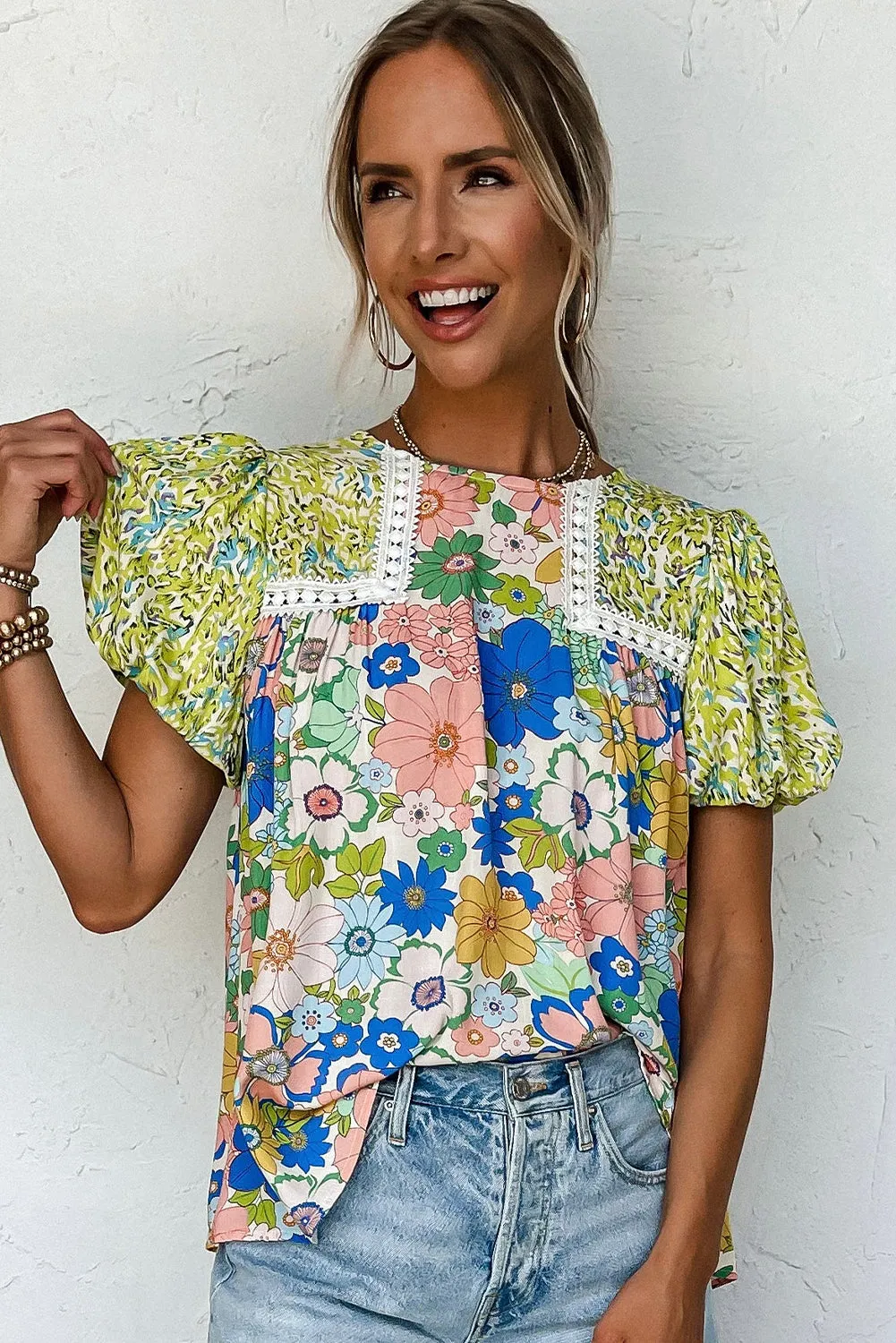 Bubble Sleeve Lace Trim Floral Mixed Print Blouse