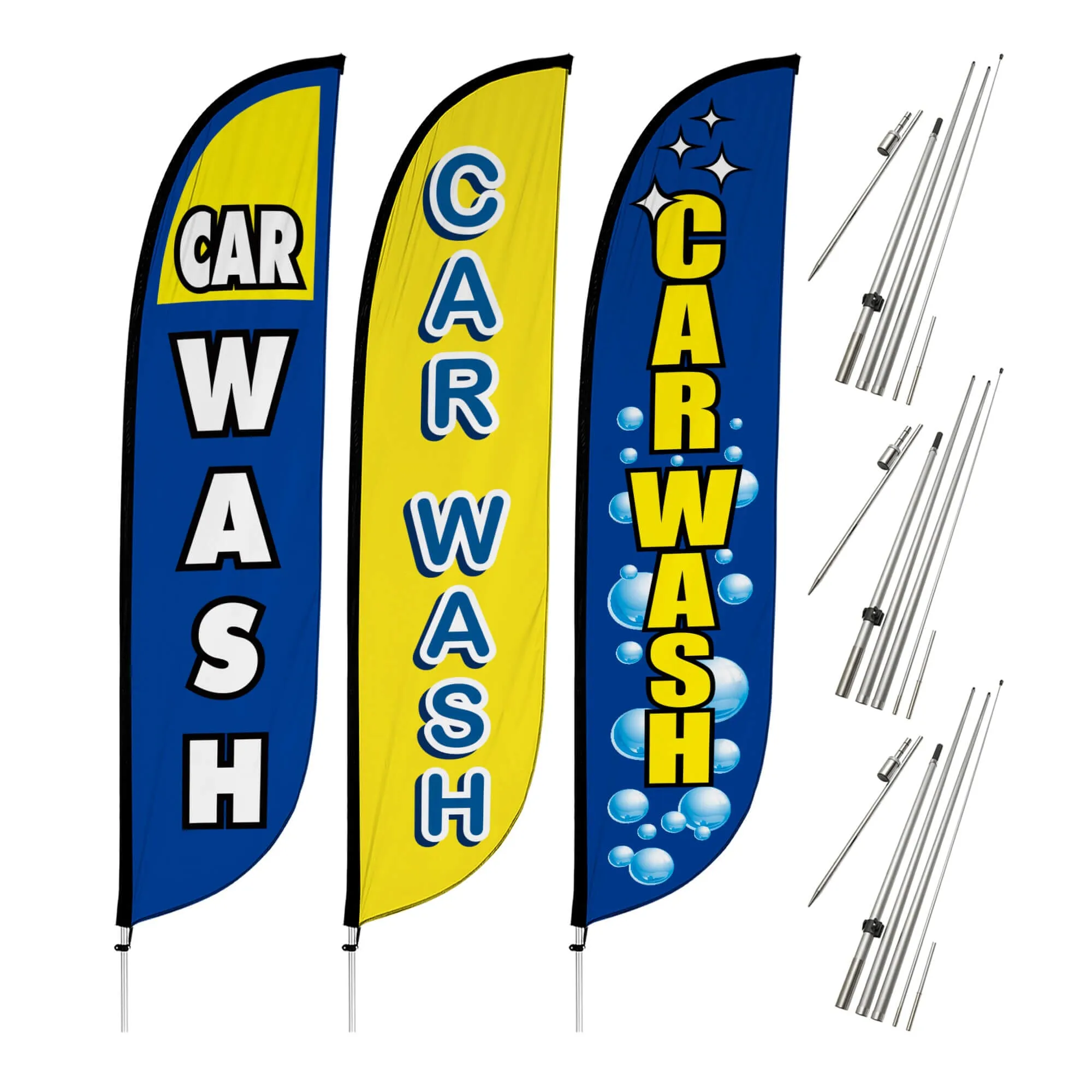 Car Wash Feather Flag - Variety 3 Pack w/ Ground Spike Pole Set