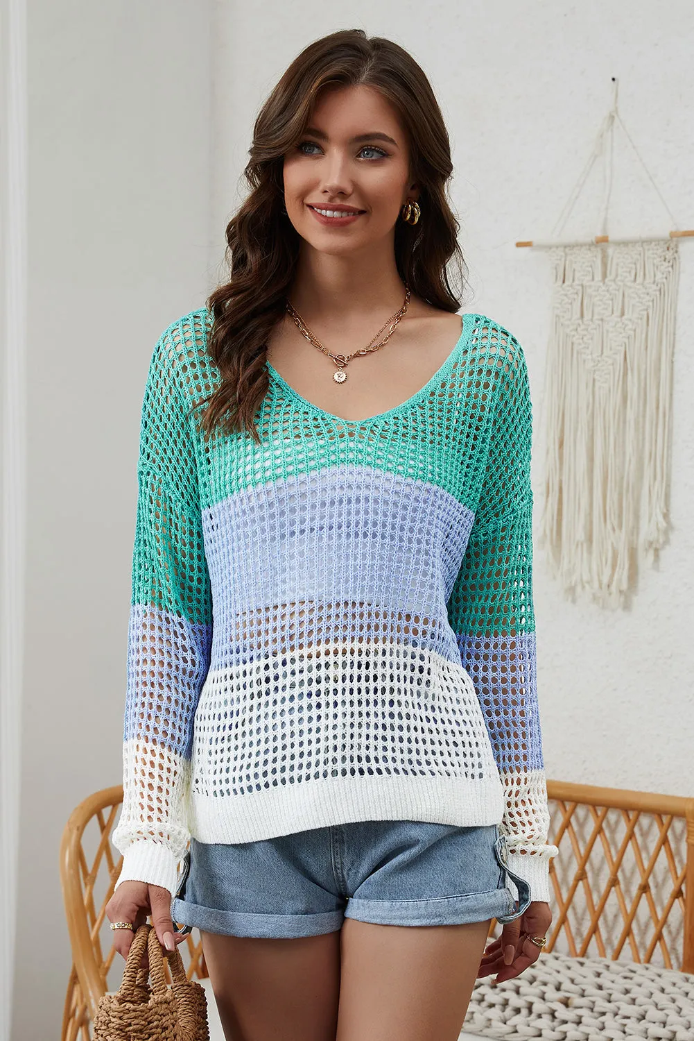 Color Block Eyelet Long Sleeve Twisted Back Knit Top