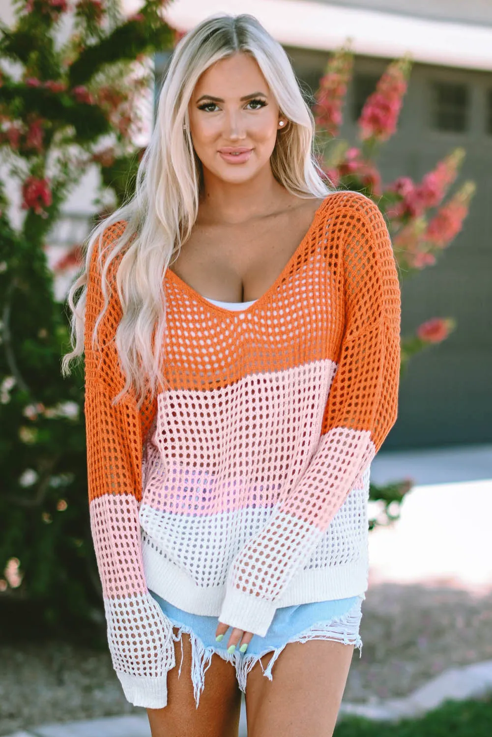 Color Block Eyelet Long Sleeve Twisted Back Knit Top