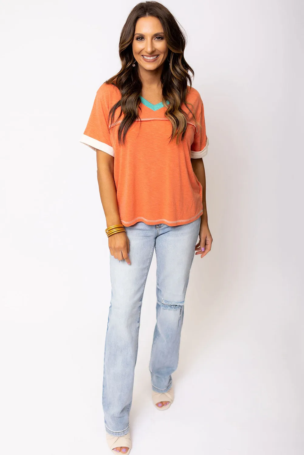 Contrast Trim Exposed Seam V Neck T-shirt