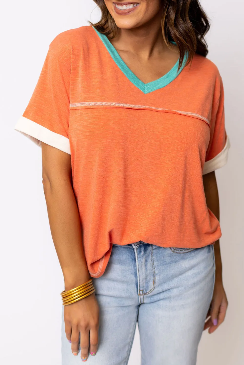 Contrast Trim Exposed Seam V Neck T-shirt