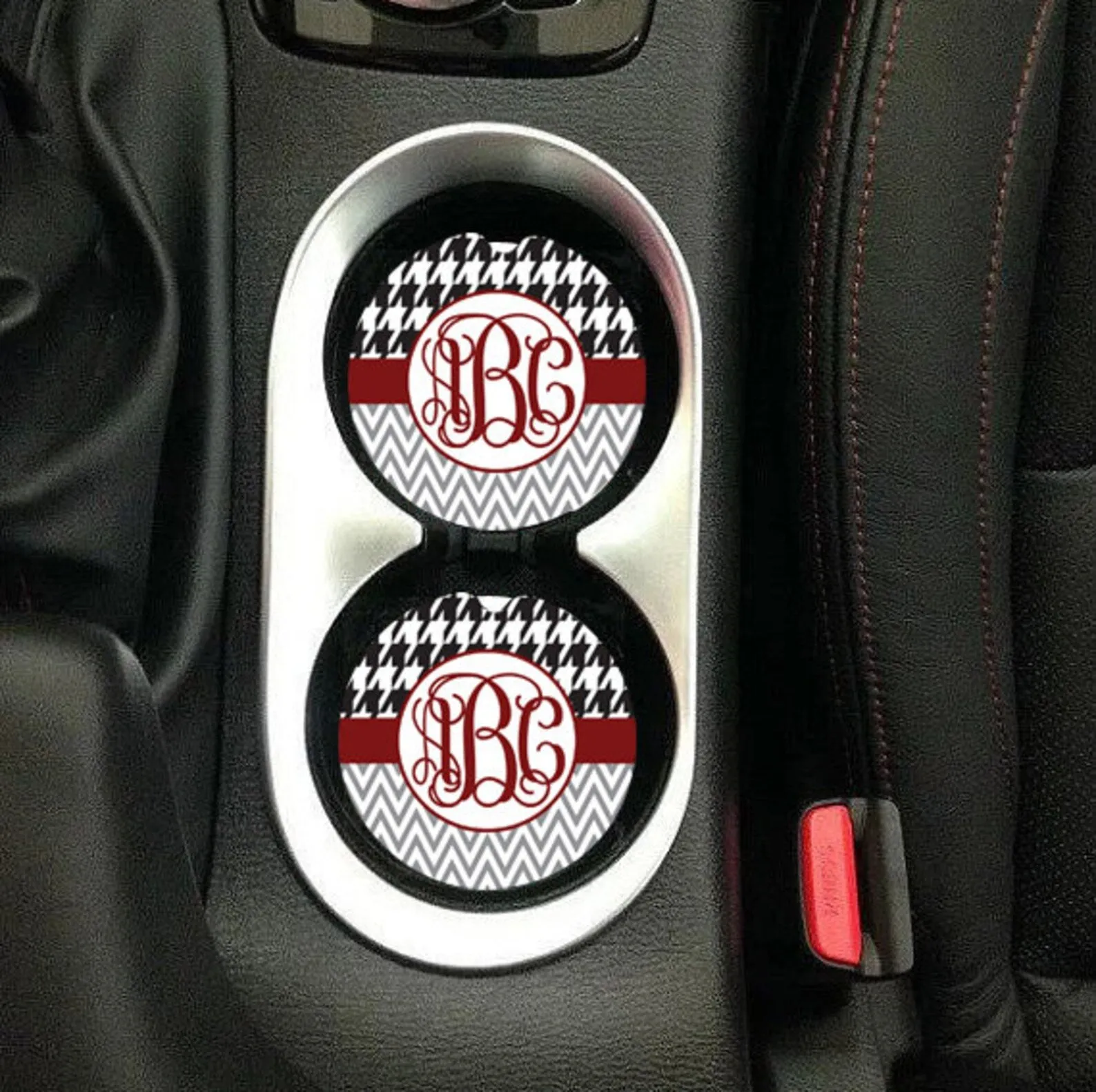 Crimson & Black Monogram Sandstone Car Coasters