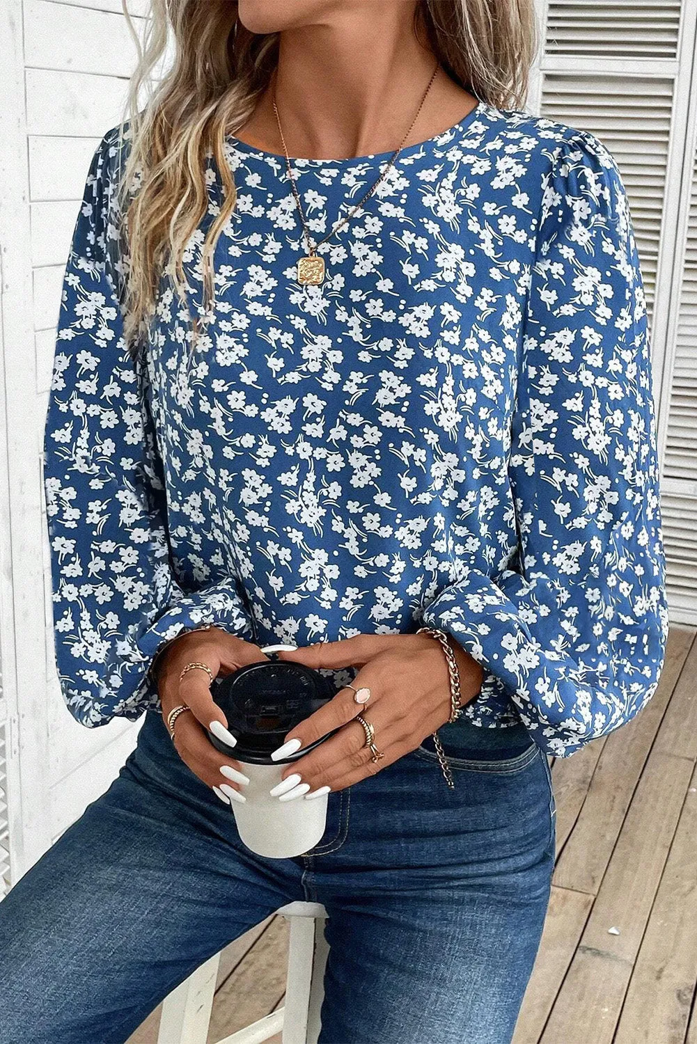 Ditsy Floral Print Lantern Sleeve Blouse