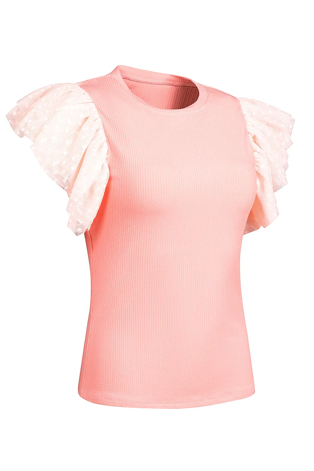 Dotty Mesh Ruffle Sleeve Ribbed Knit Top