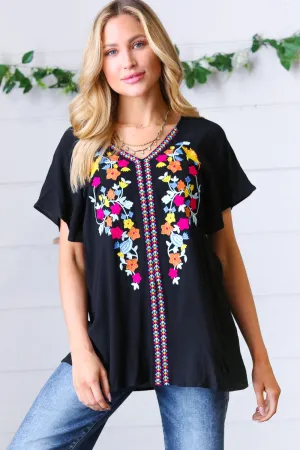 Explore More Collection - Black Floral Embroidered Flutter Sleeve Top