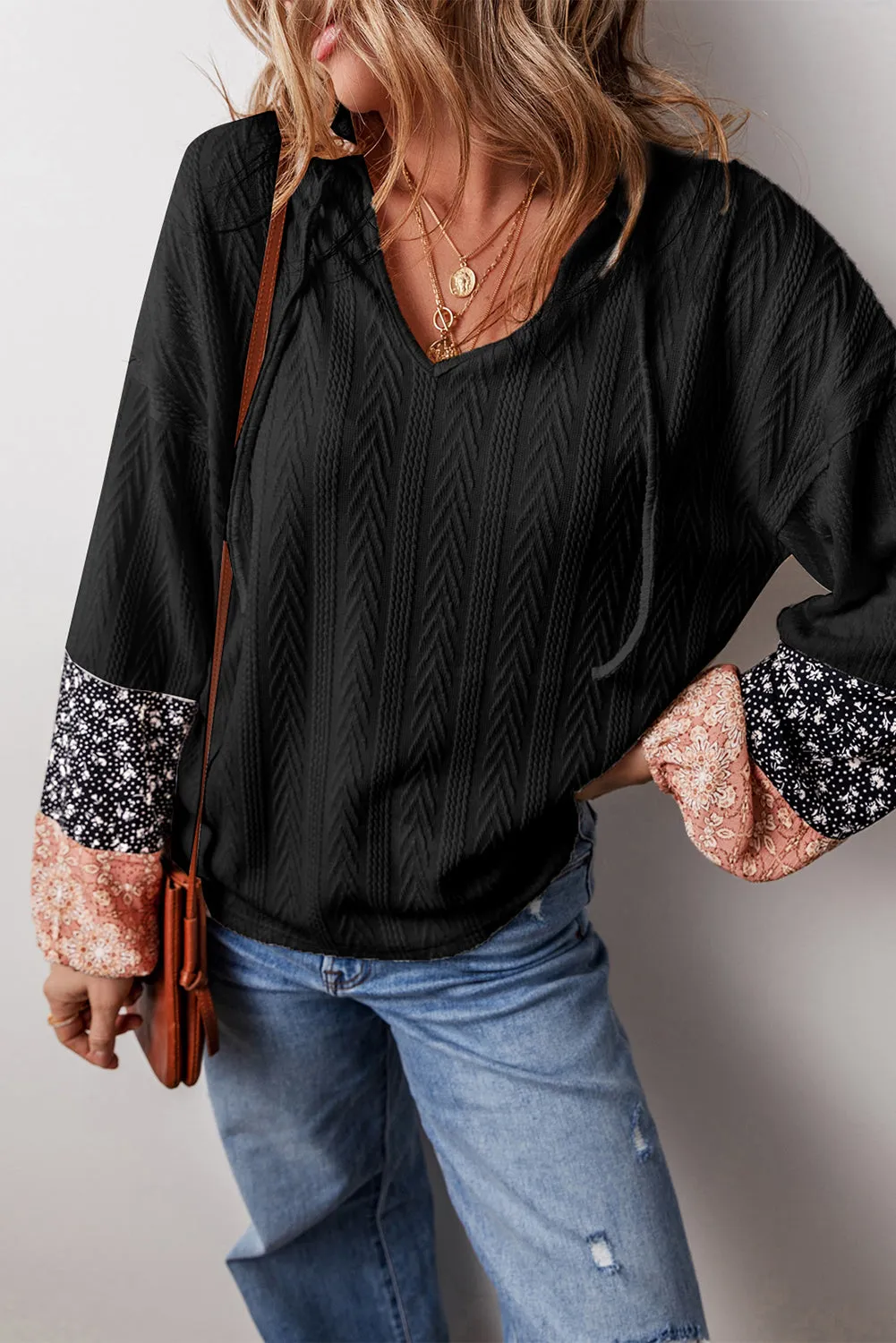 Floral Patchwork Textured Knit Drawstring V Neck Blouse