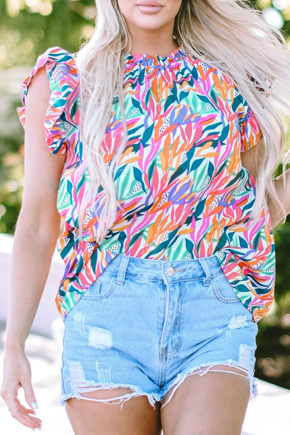 Floral Print Ruffled Flutter Sleeve Blouse